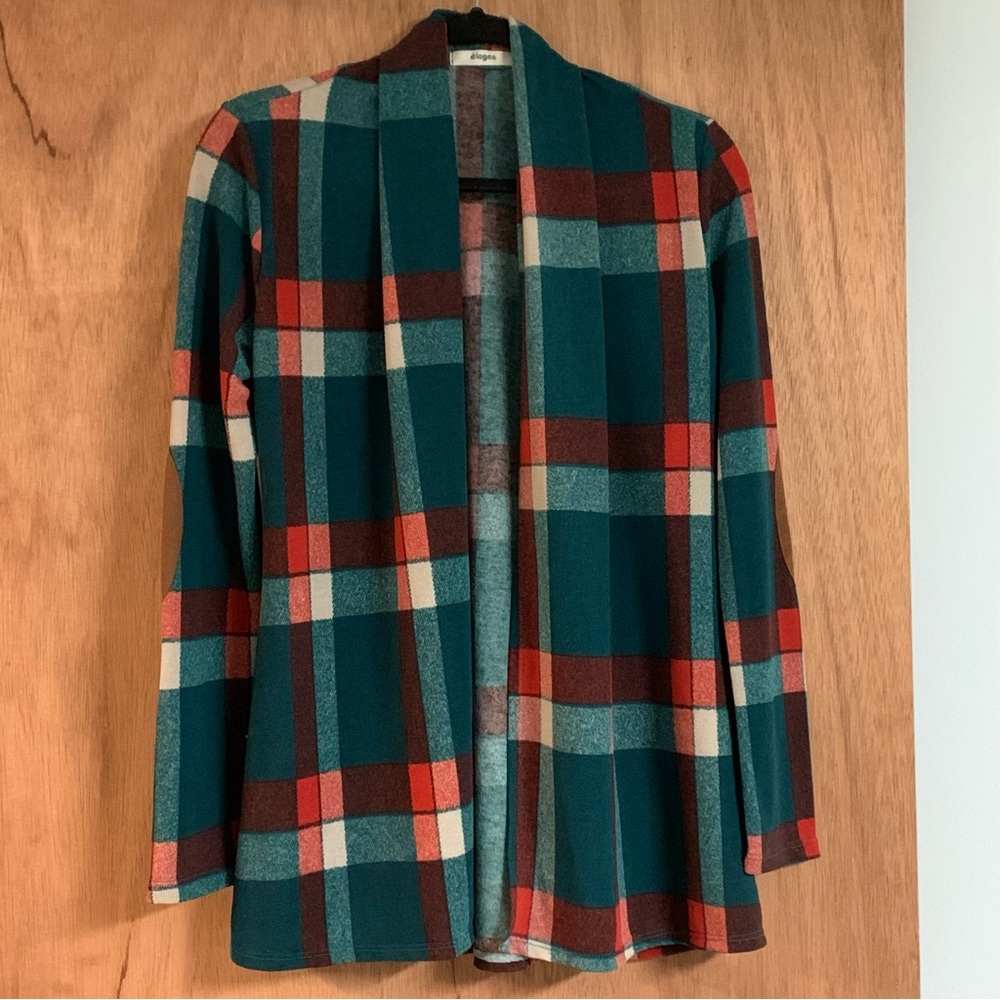 ELOGES Plaid Open Front CARDIGAN with Faux Suede Elbow Patches!